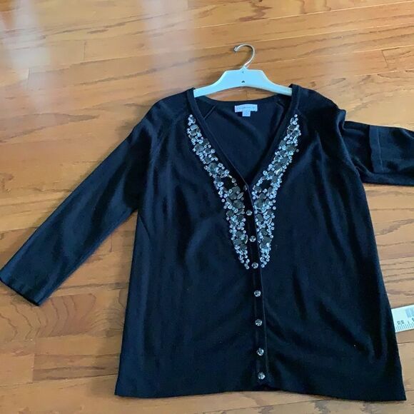Susan Graver small button up V-neck Cardigan w/tons of sequins large & small. - Picture 1 of 8